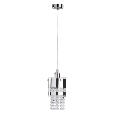 Lampa wisząca 1 punktowa ze szklanym kloszem. Wewnątrz szklanego klosza umieszczone są wisiorki kryształków. Elementy metalowe w chromie.