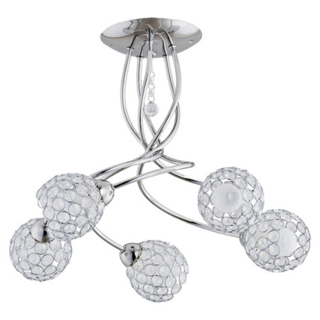 Lampa sufitowa 5 punktowa z drucianymi kloszami, ozdobionymi kryształkami. Elementy metalowe lampy w chromie.