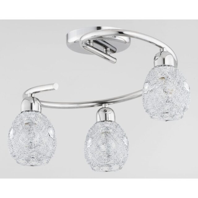 Lampa sufitowa 3 punktowa z drucianymi kloszami. Klosze ozdobione są kryształkami. Elementy metalowe lampy wykończone w chromie.