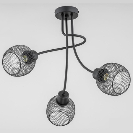Lampa sufitowa 3 punktowa wykonana z metalu w kolorze czarnym z kloszami z metalowej siatki.
