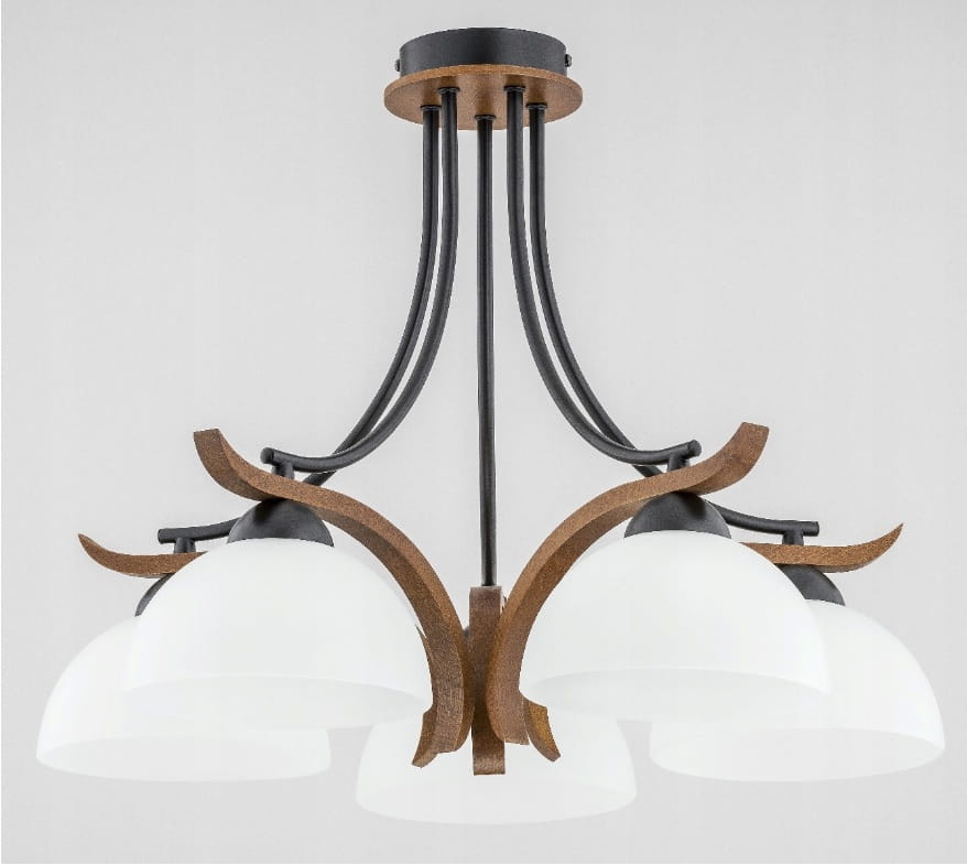 Lampa wisząca 5 punktowa ze szklanymi kloszami. BAFIA to klasyczne połączenie metalu, drewna oraz białego szkła.