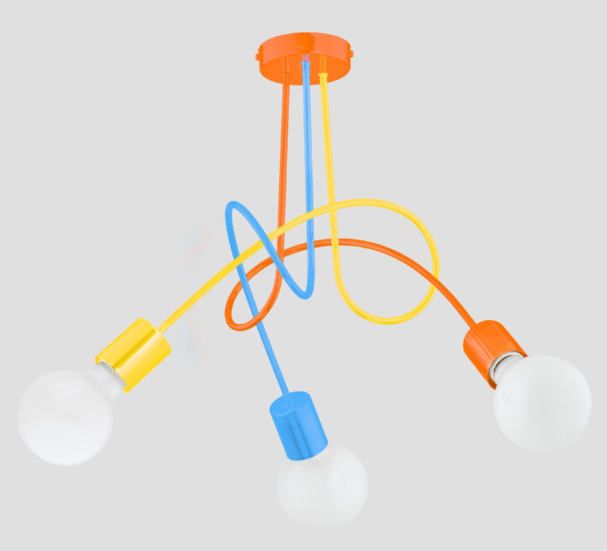 Lampa wisząca 3 punktowa wykonana z metalu w kolorach niebieskim, pomarańczowym i żółtym.