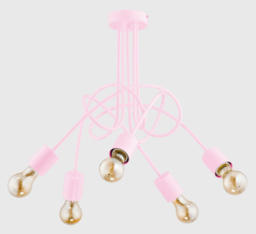 Lampa wisząca 5 punktowa wykonana z metalu w kolorze różowym.