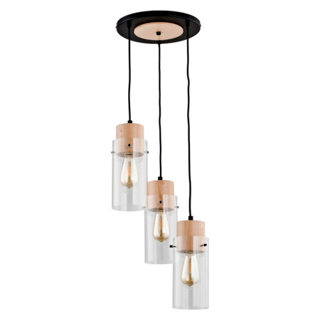 Lampa wisząca 3 punktowa ze szklanymi kloszami. Elementy metalowe lampy w kolorze czarnym, elementy drewniane w kolorze naturalnym.