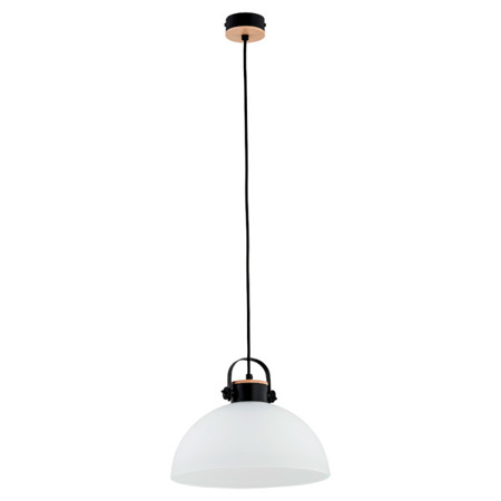 Lampa wisząca 1 punktowa ze szklanym kloszem. Elementy metalowe lampy w kolorze czarnym, elementy drewniane w kolorze naturalnym.