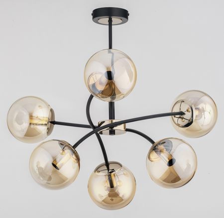 Lampa sufitowa 6 punktowa ze szklanymi kloszami w kształcie kuli. Elementy metalowe w kolorze czarnym z dodatkami w kolorze antycznego złota.